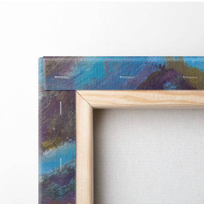A wooden frame with light natural finish holds an abstract canvas painting of blended blue and purple shades vibrant wildflower meadow art