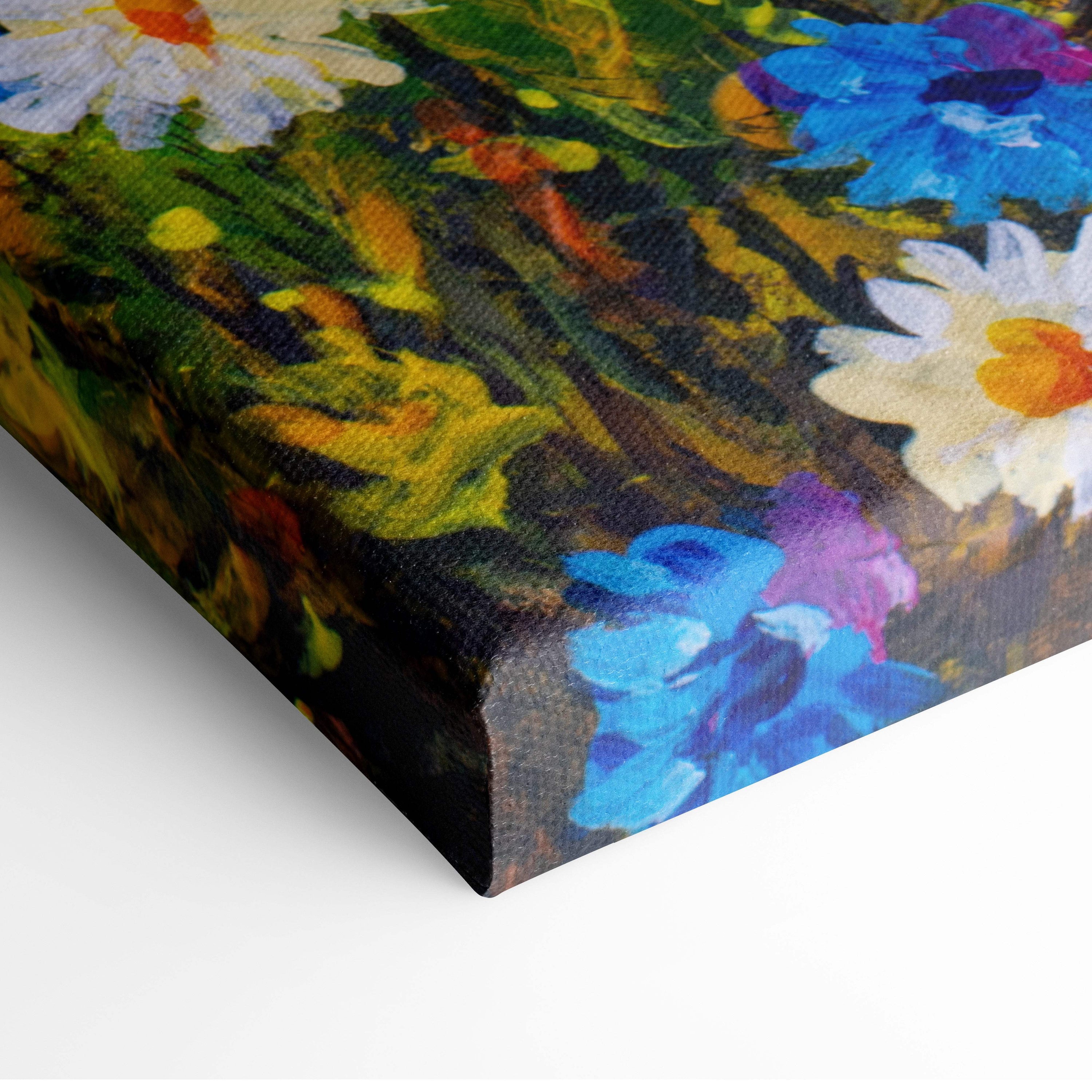 Vibrant wildflower meadow impressionist canvas print with bold white daisies and colorful abstract blooms on textured surface