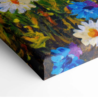 Vibrant wildflower meadow impressionist canvas print with bold white daisies and colorful abstract blooms on textured surface