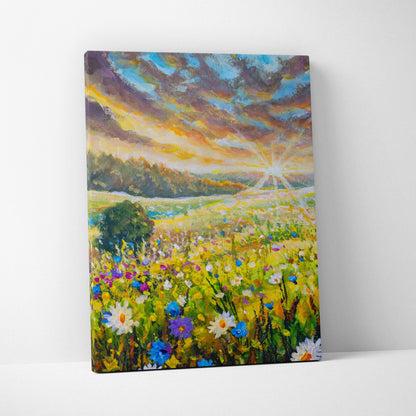 Vibrant wildflower meadow painting canvas print featuring radiant sunburst over rolling fields and colorful blooms