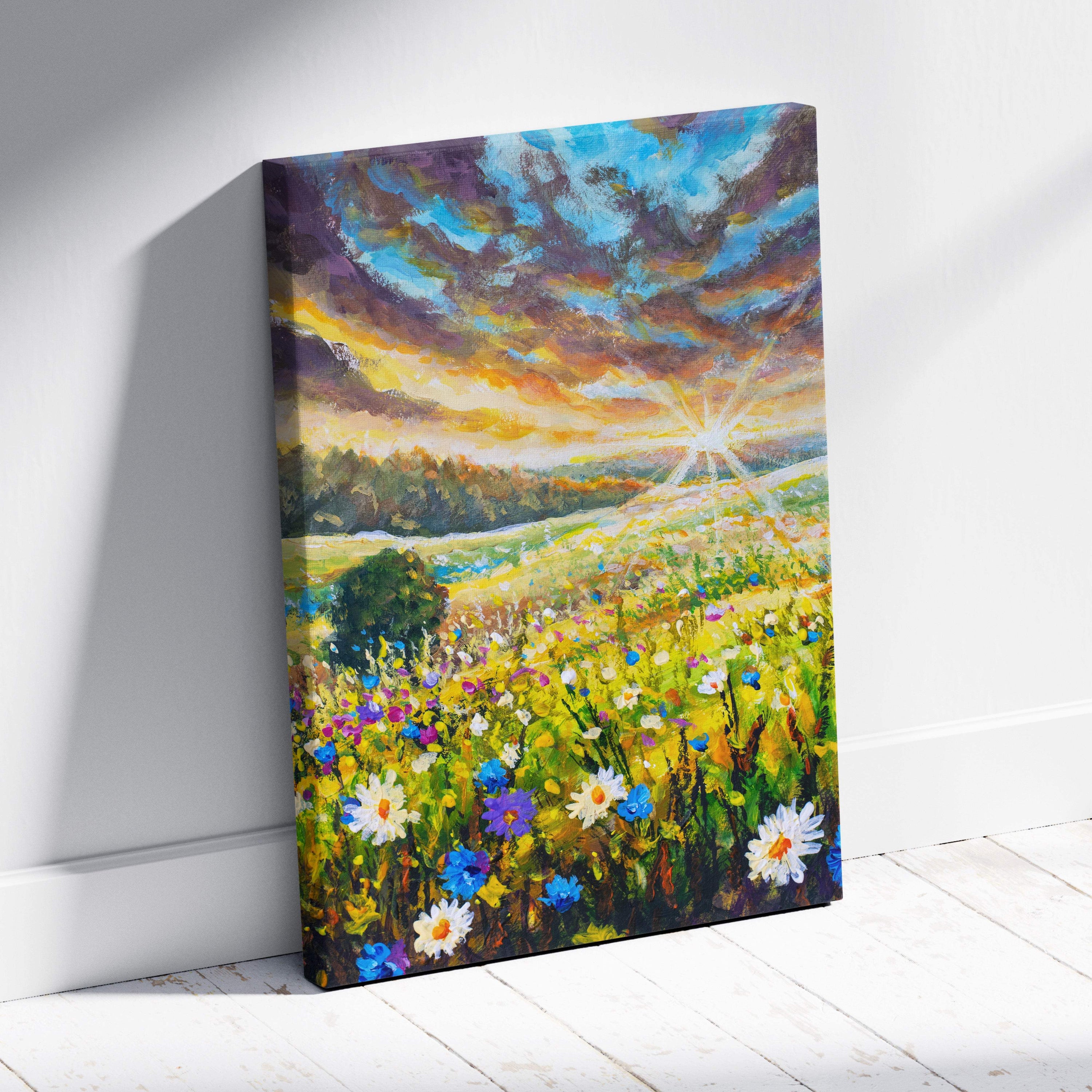 Vibrant wildflower meadow impressionist canvas print featuring radiant sunburst and colorful blooms under dramatic sky