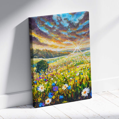 Vibrant wildflower meadow impressionist canvas print featuring radiant sunburst and colorful blooms under dramatic sky