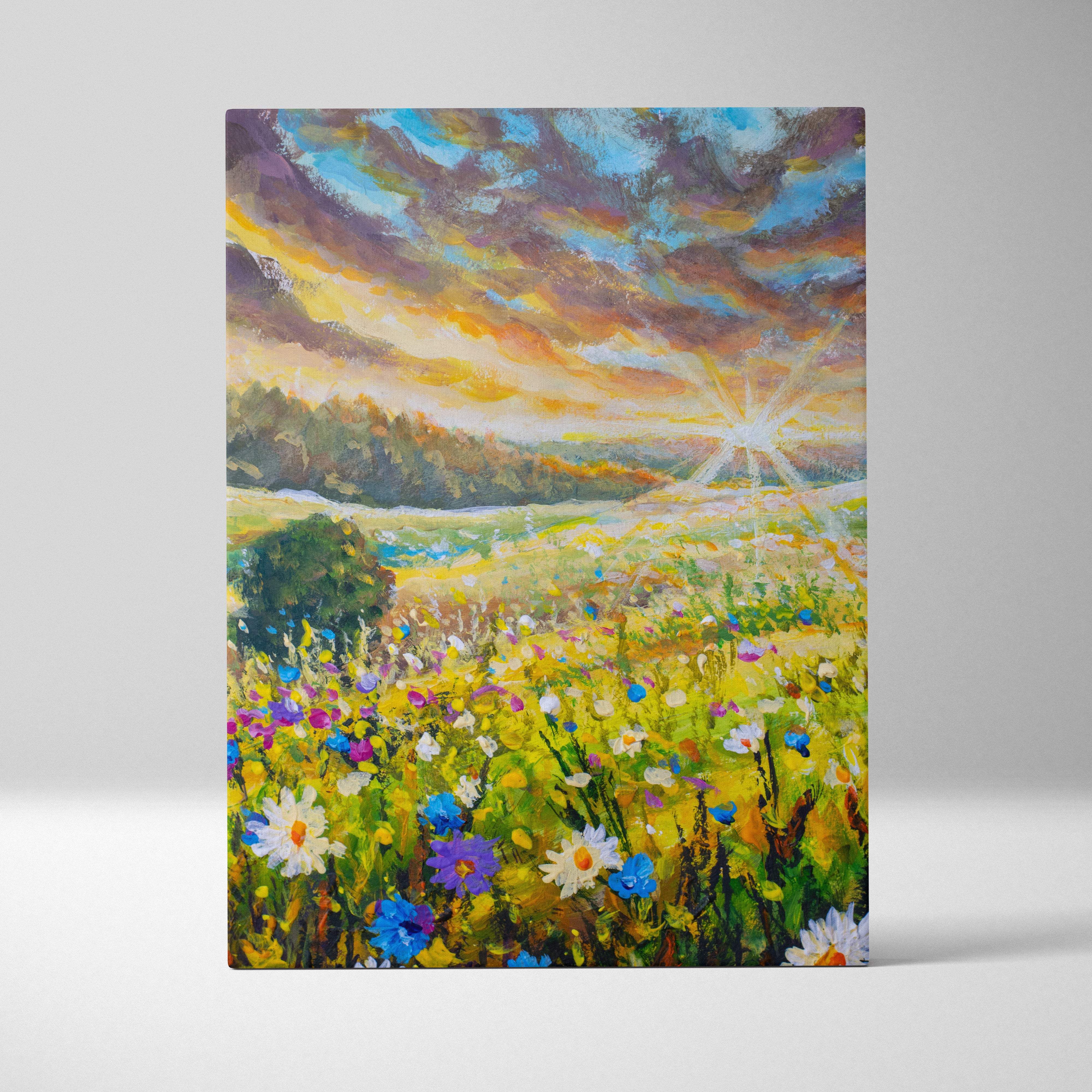 Vibrant wildflower meadow painting style wall art featuring a sunlit impressionist canvas with colorful blooms and dramatic sky