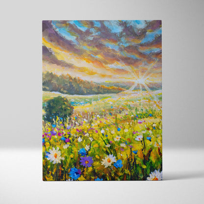 Vibrant wildflower meadow painting style wall art featuring a sunlit impressionist canvas with colorful blooms and dramatic sky