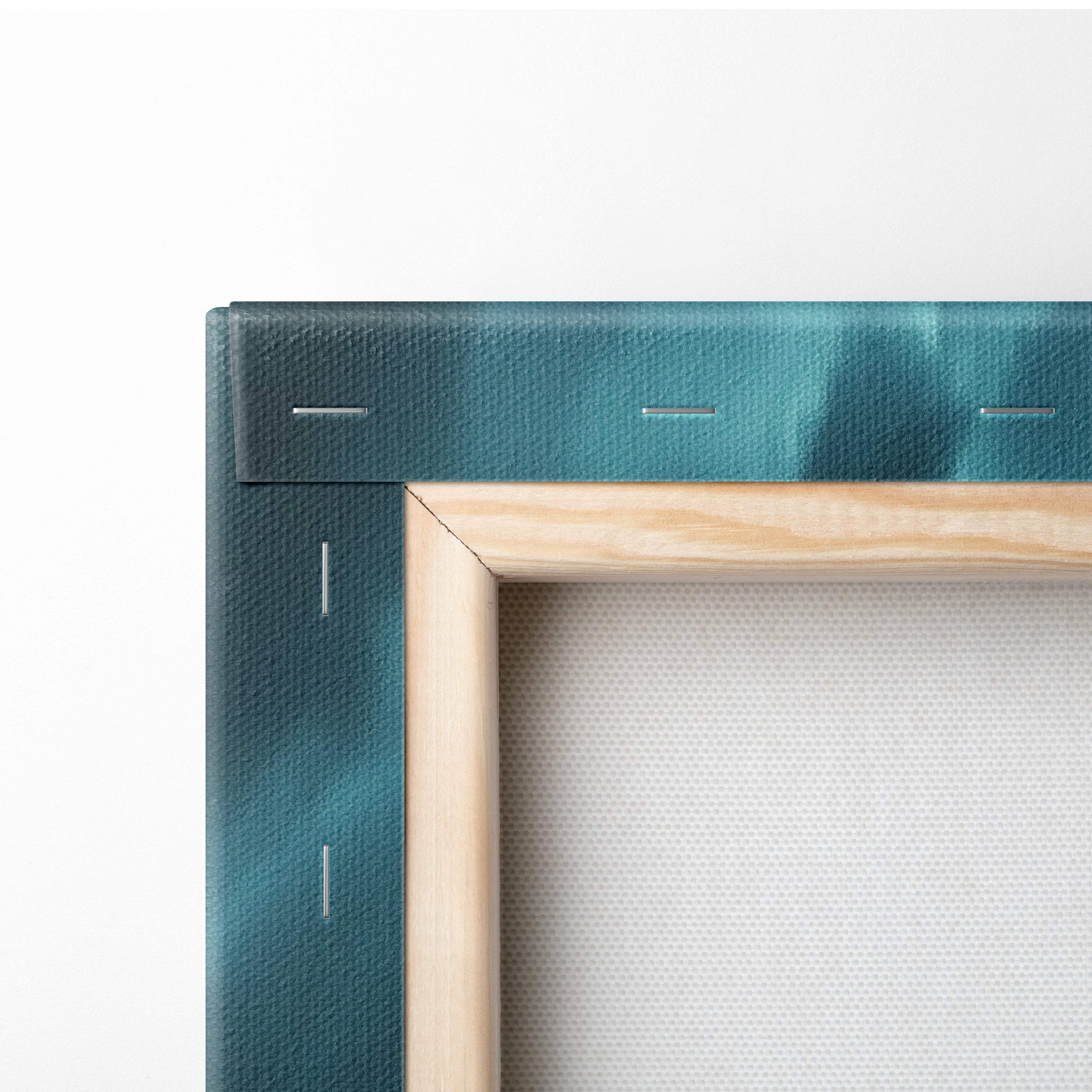 Teal canvas stretched over light wood frame with visible stitching for apocalyptic supercell storm ocean photography