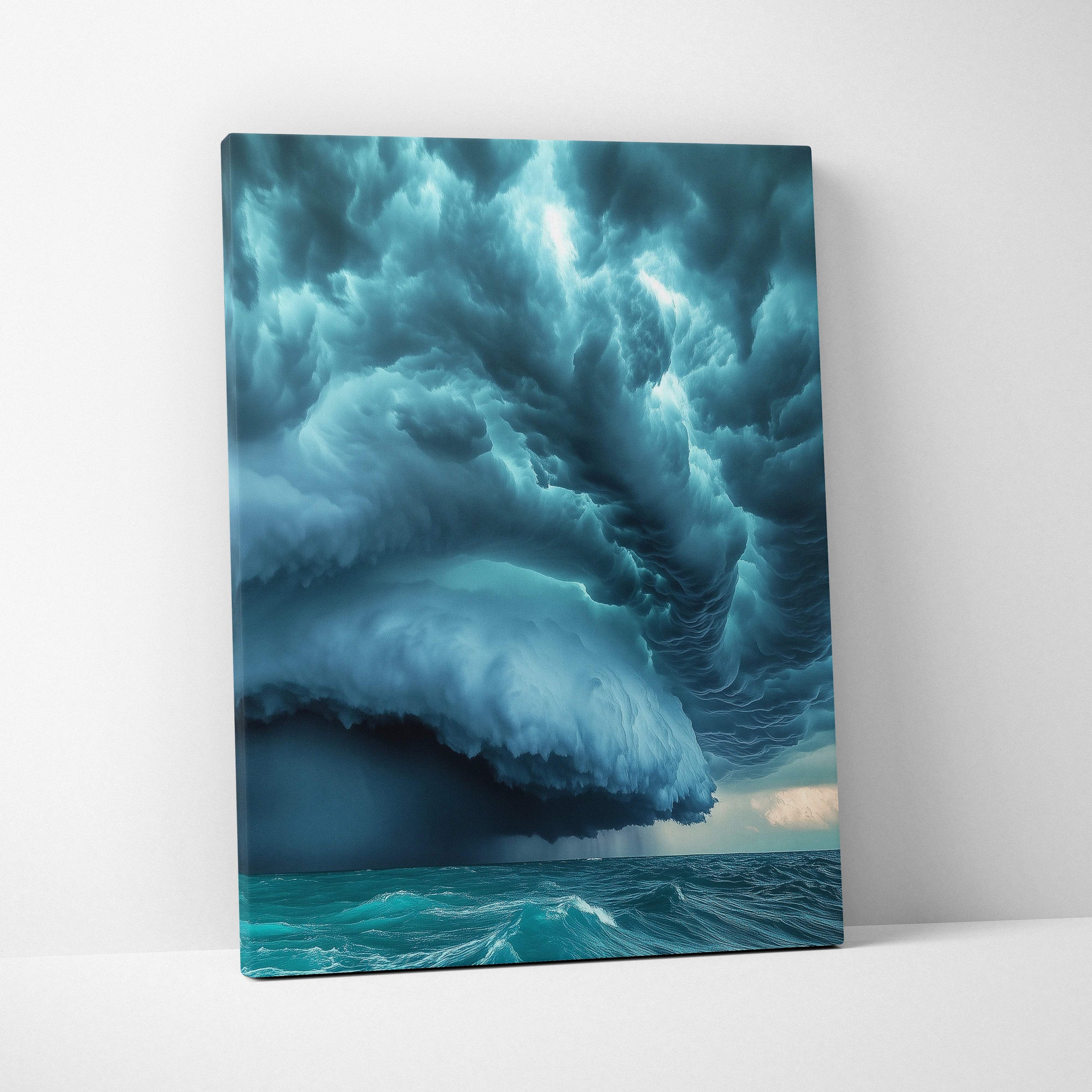 A canvas print of an apocalyptic supercell storm with teal turbulent mammatus clouds over ocean waves