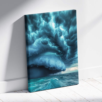 A vibrant canvas print of an apocalyptic supercell storm with teal turbulent ocean waves and mammatus clouds