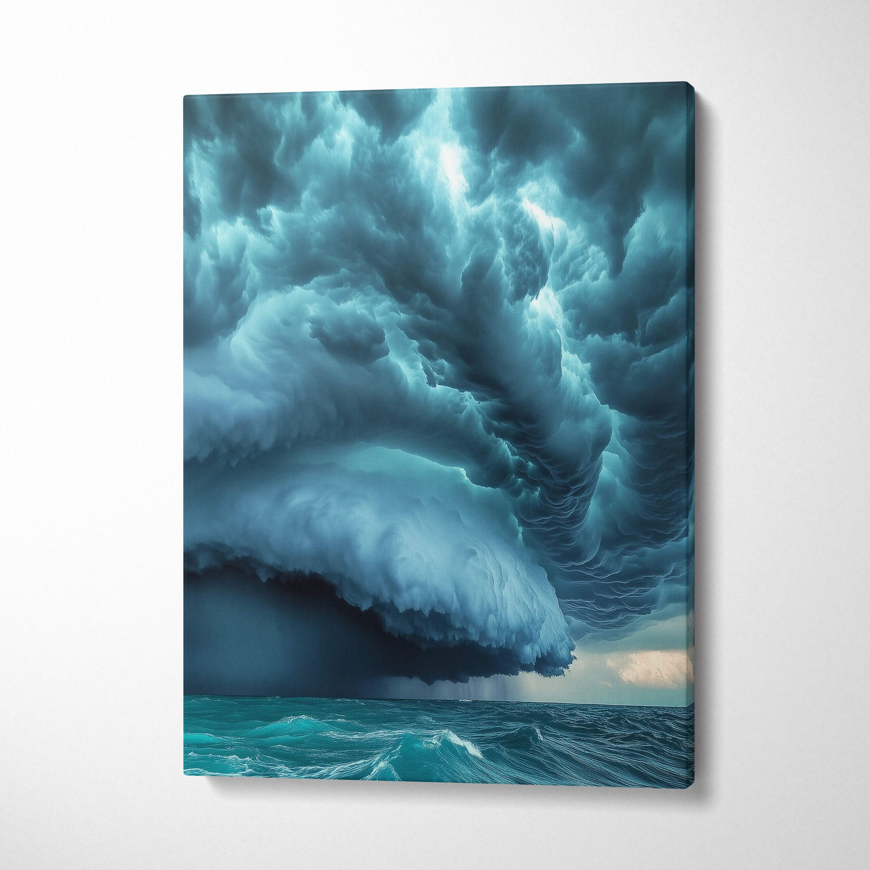 Canvas print of an apocalyptic supercell storm with swirling mammatus clouds over a turbulent teal ocean