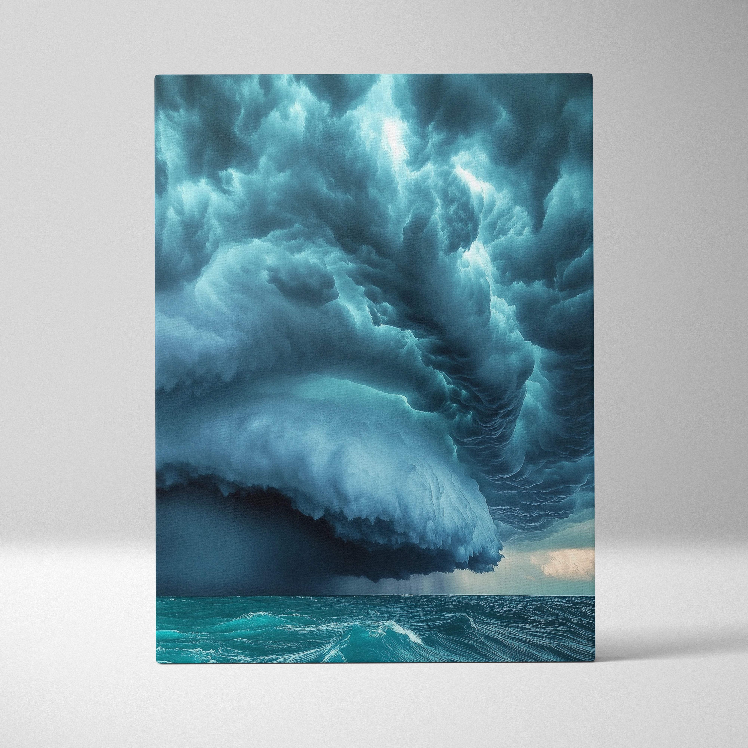 A rectangular canvas print of an apocalyptic supercell storm with teal mammatus clouds over turbulent ocean waves
