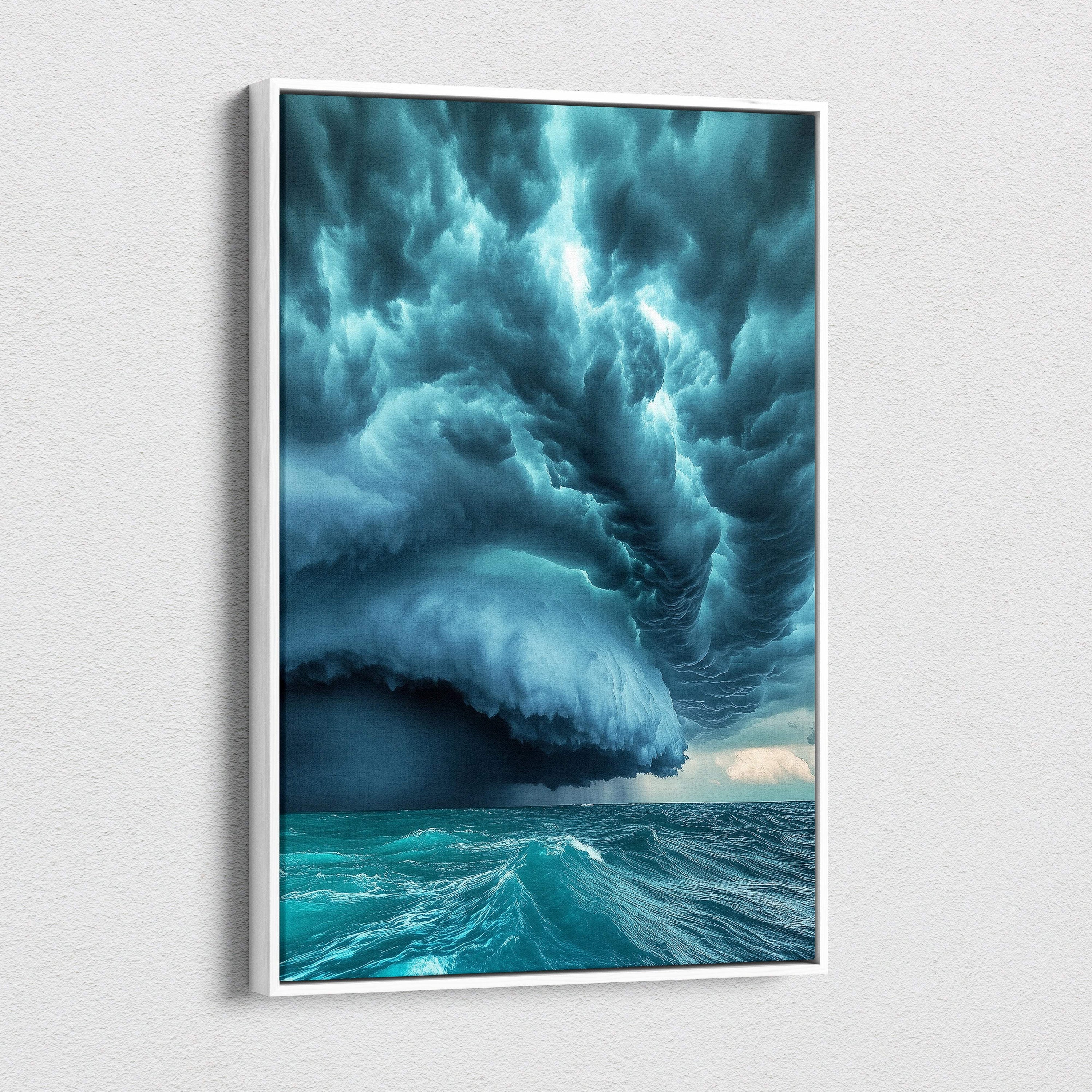 A framed canvas print of an apocalyptic supercell storm with mammatus clouds over turbulent turquoise ocean waves