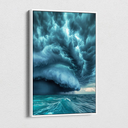 A framed canvas print of an apocalyptic supercell storm with mammatus clouds over turbulent turquoise ocean waves