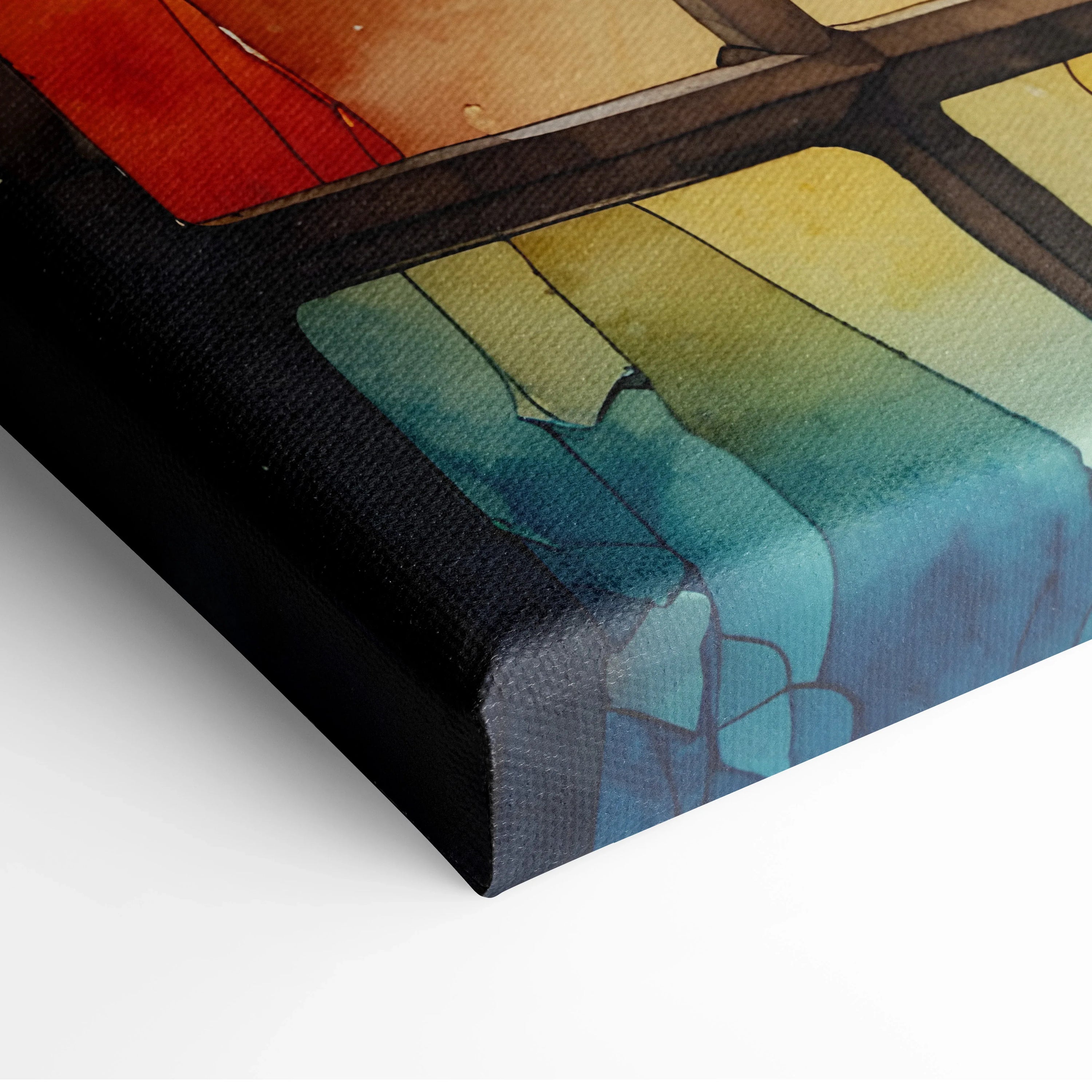 Abstract watercolor landscape with soft blue, green, and warm tones on canvas wall art.