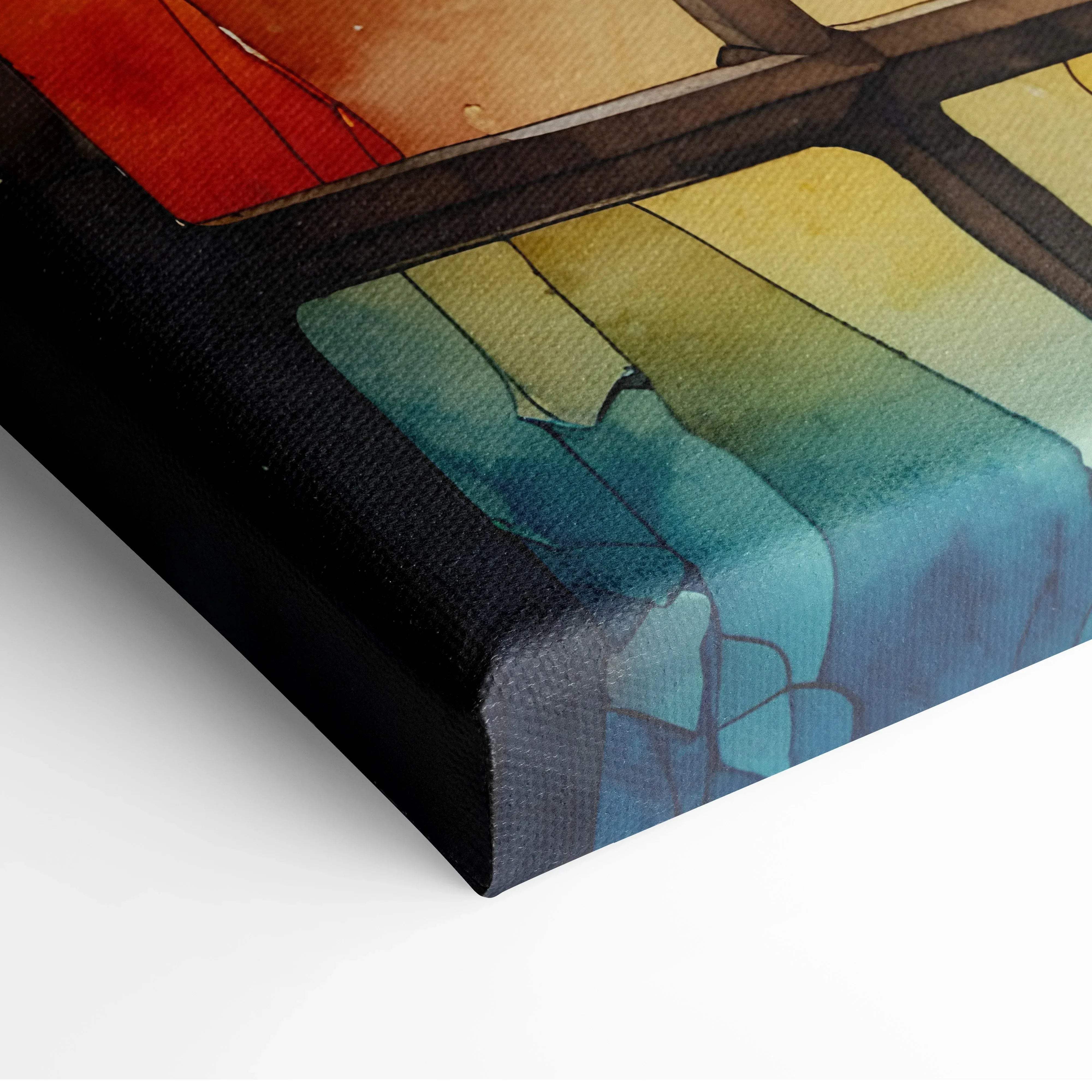 A vibrant watercolor stained glass landscape canvas wall art with textured reds yellows and blues separated by dark brown lines