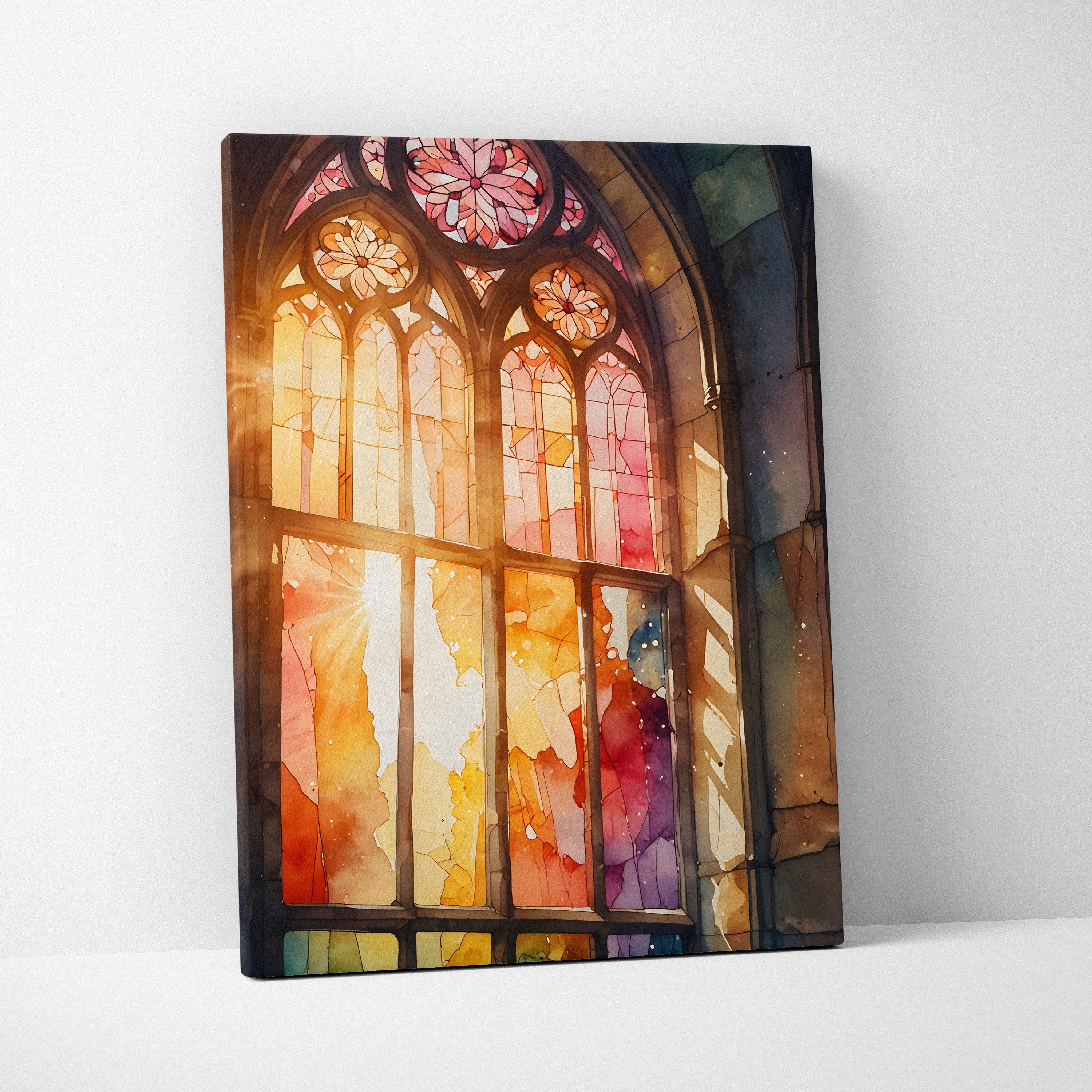 Vertical canvas wall art featuring colorful stained glass window with warm light and faith-inspired watercolor effect.