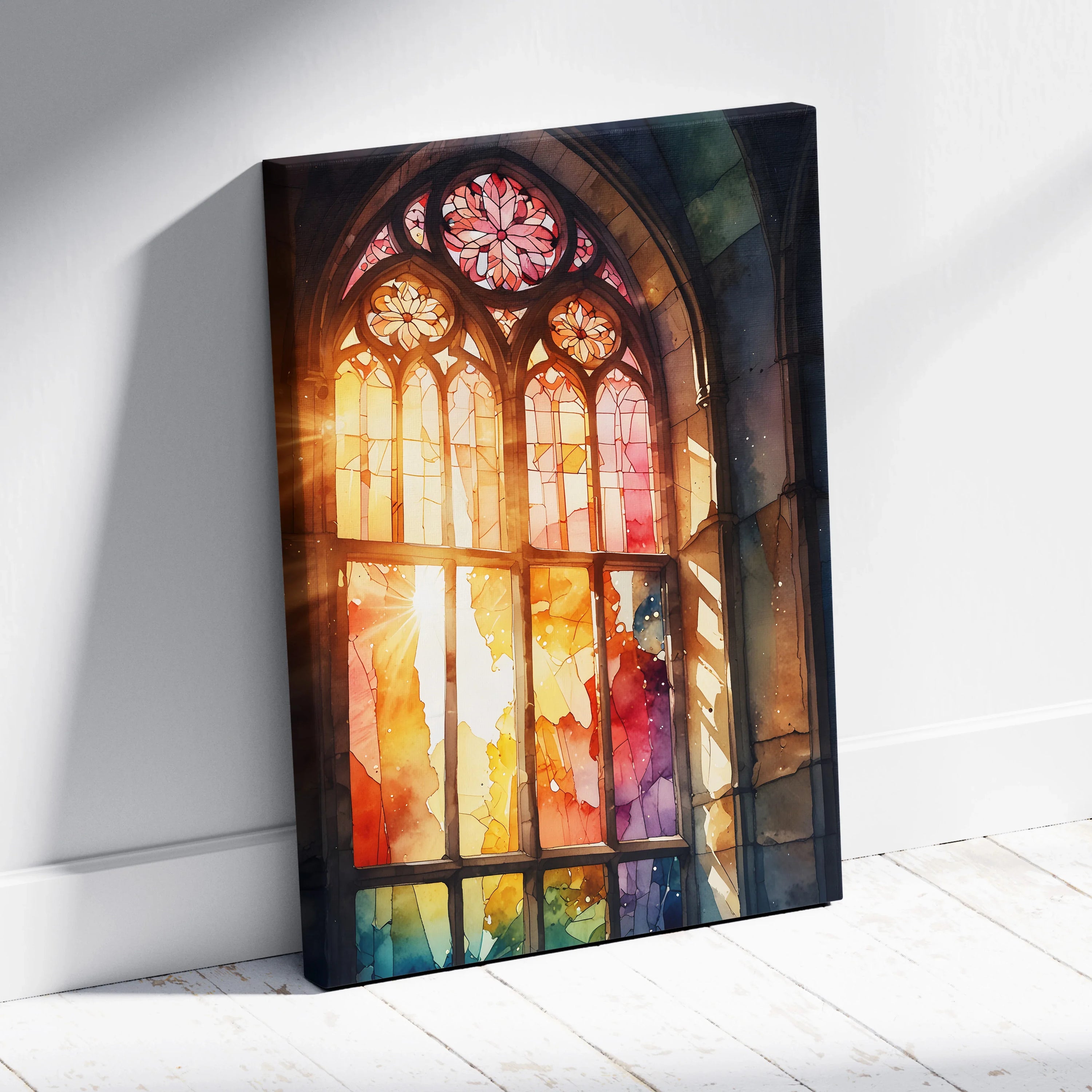 Canvas wall art featuring a vibrant watercolor stained glass window with warm, inspirational light effects.