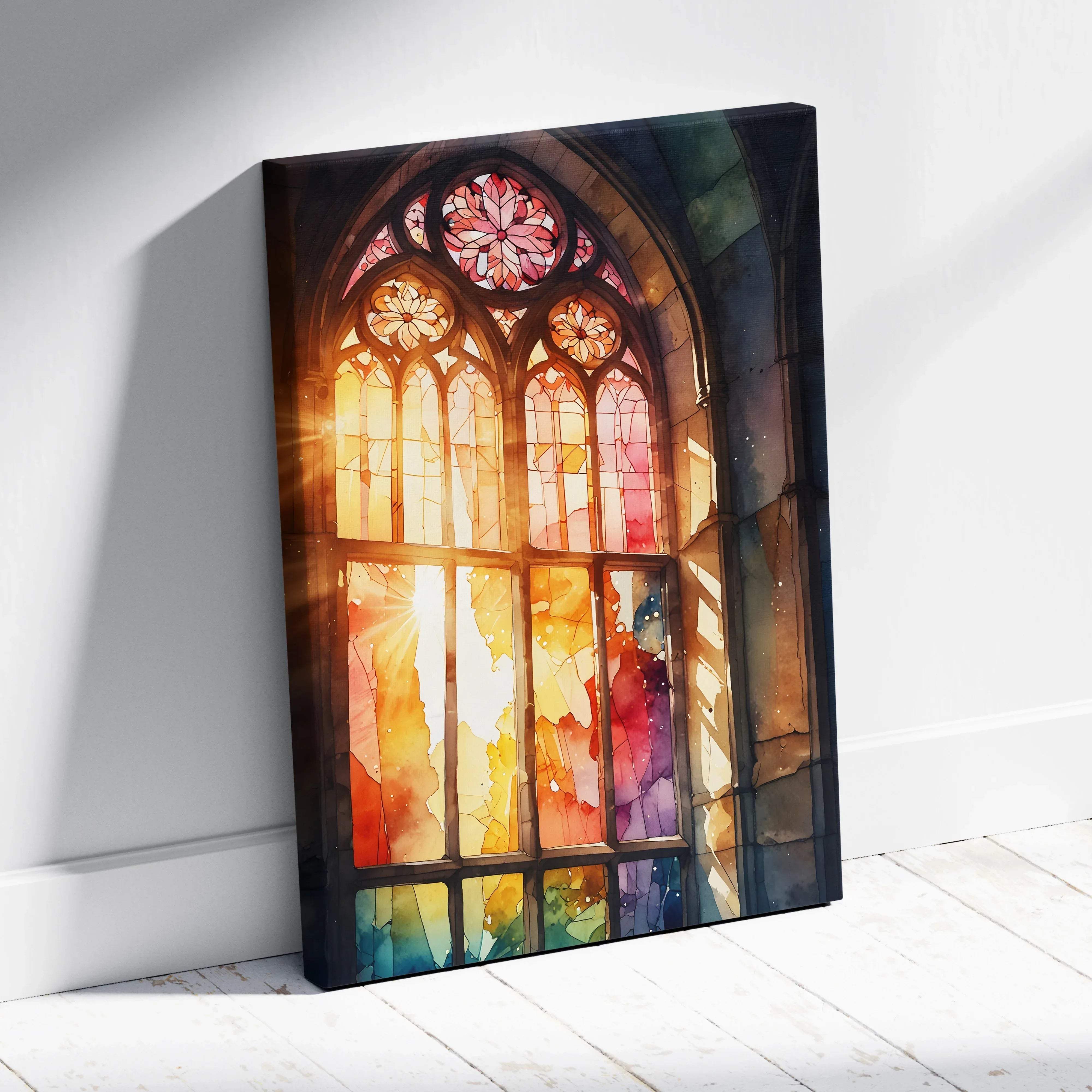 Vibrant watercolor stained glass landscape canvas wall art with intricate arched designs in warm sunset hues