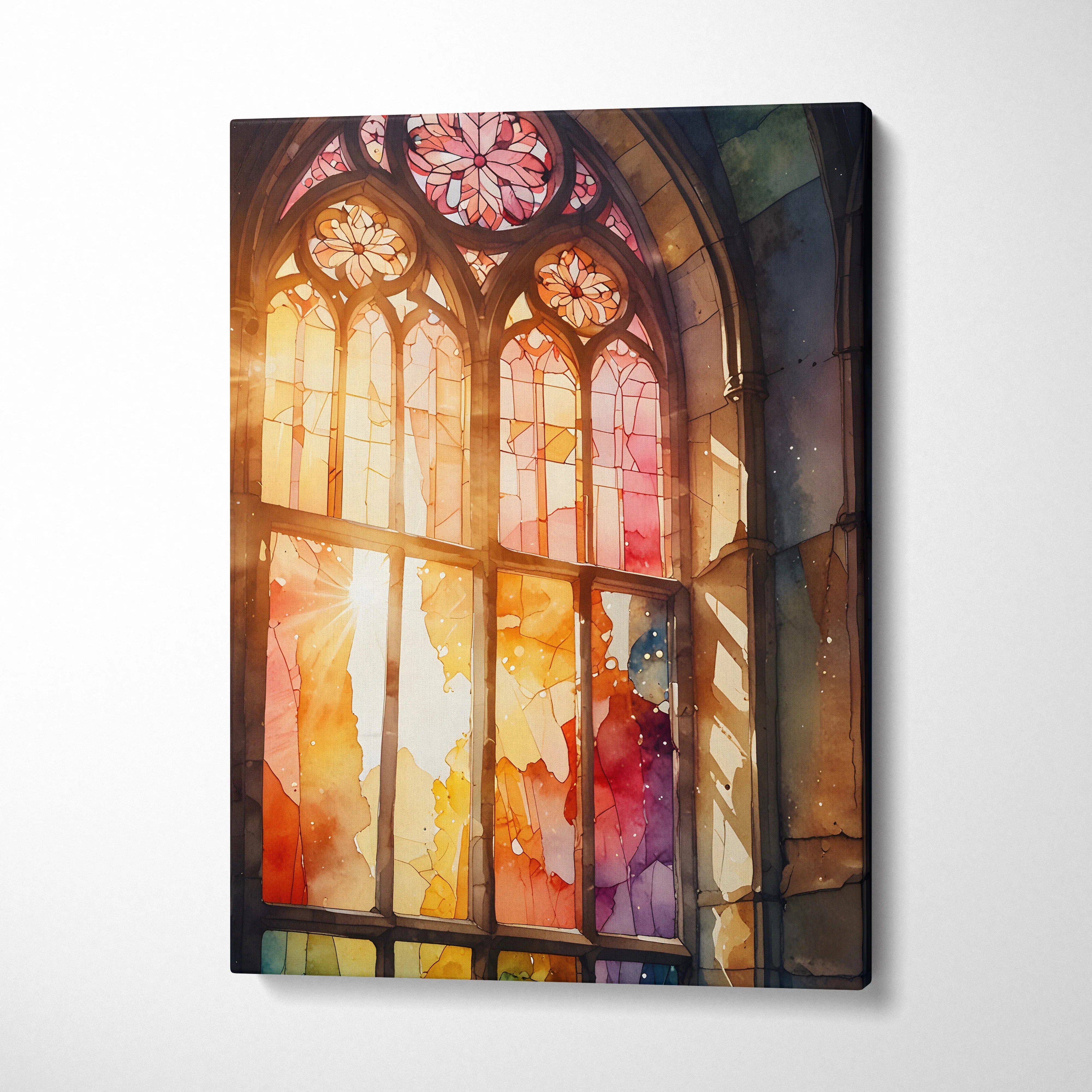 Canvas wall art featuring vibrant watercolor light through stained glass windows in a vertical layout.