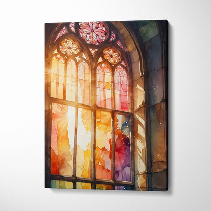 Canvas wall art featuring vibrant watercolor light through stained glass windows in a vertical layout.