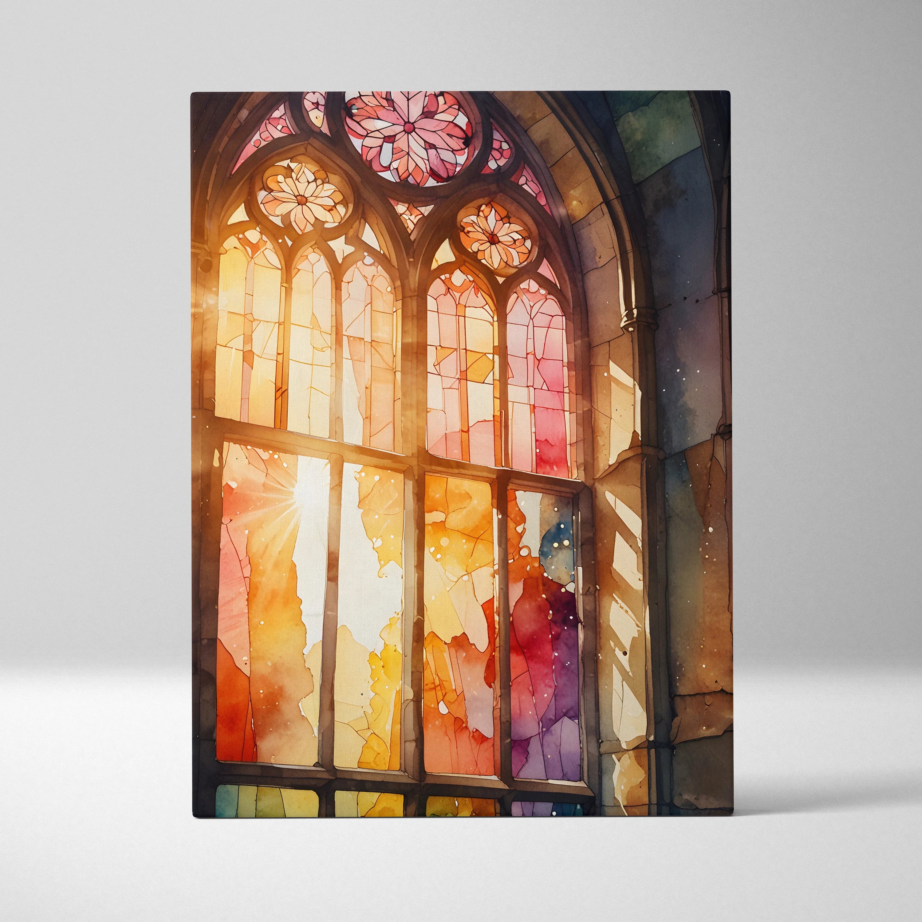 Canvas wall art featuring a colorful watercolor stained glass window with sunlight streaming through.