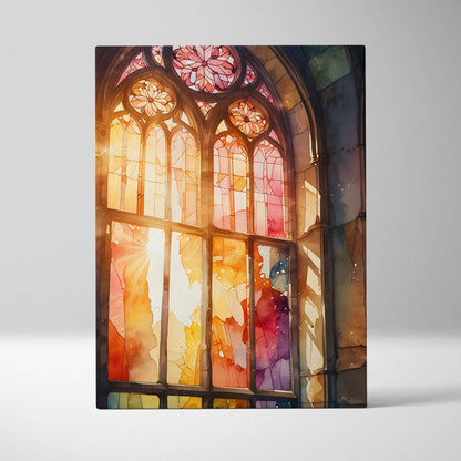 Canvas wall art featuring a colorful watercolor stained glass window with sunlight streaming through.