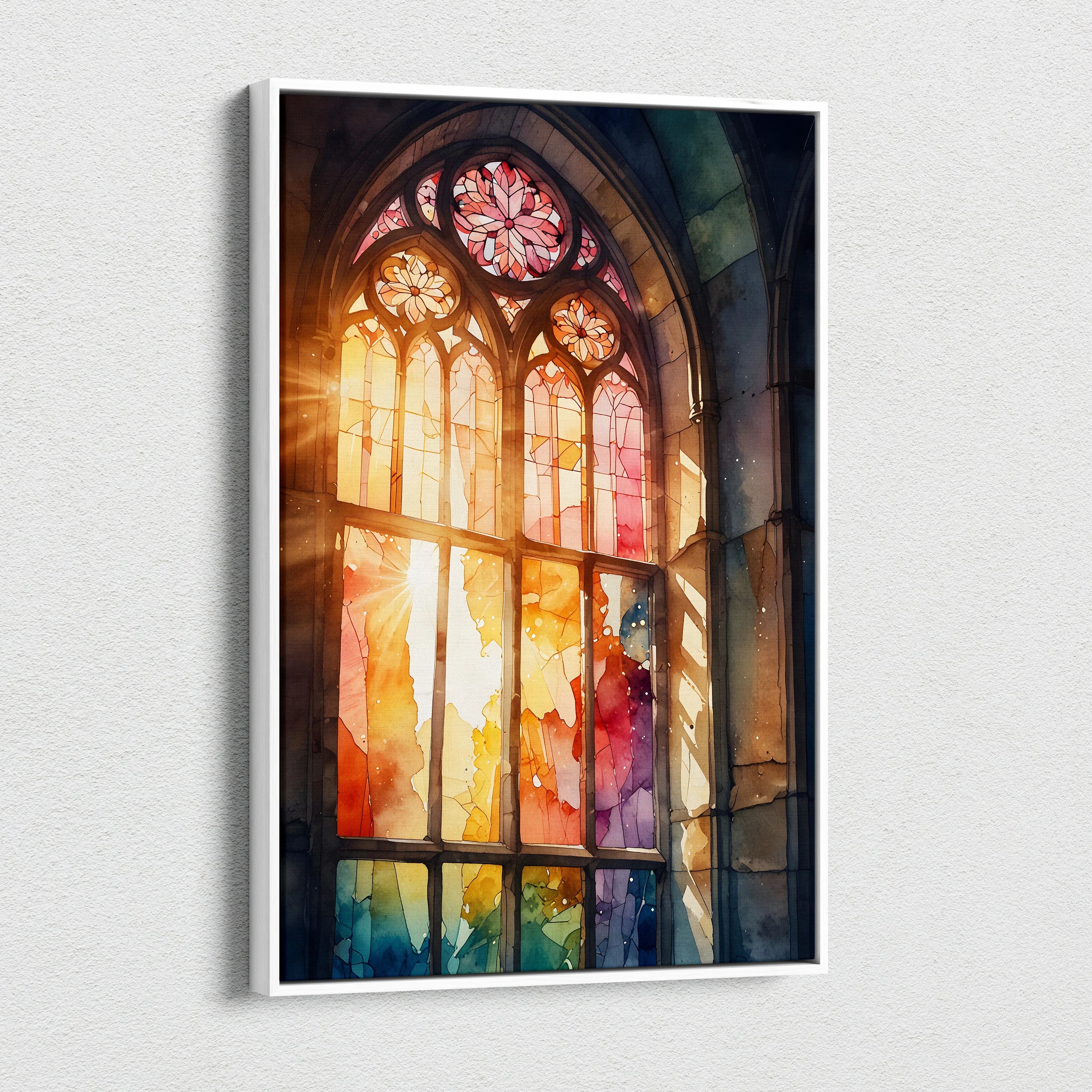 Vertical canvas wall art featuring colorful watercolor stained glass window with sunrise light and faith-inspired design.