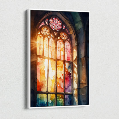 Vertical canvas wall art featuring colorful watercolor stained glass window with sunrise light and faith-inspired design.