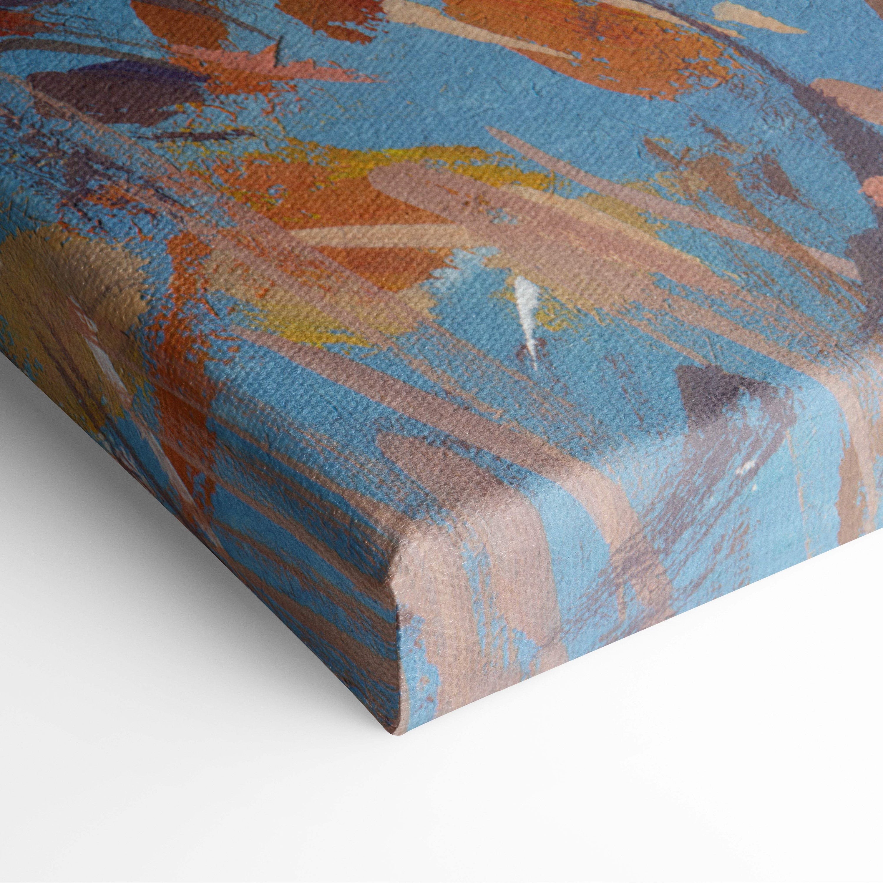 Autumn lake canvas print with bold blue orange and brown brushstrokes on textured canvas for fall wall art