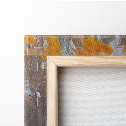 Autumn lake canvas print with rustic wooden frame and textured canvas featuring orange brown and gray abstract brushstrokes