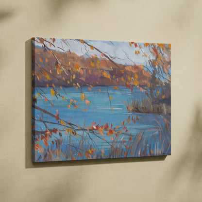 Rectangular autumn lake canvas print with vibrant orange and yellow leaves over blue water in impressionist style wall art