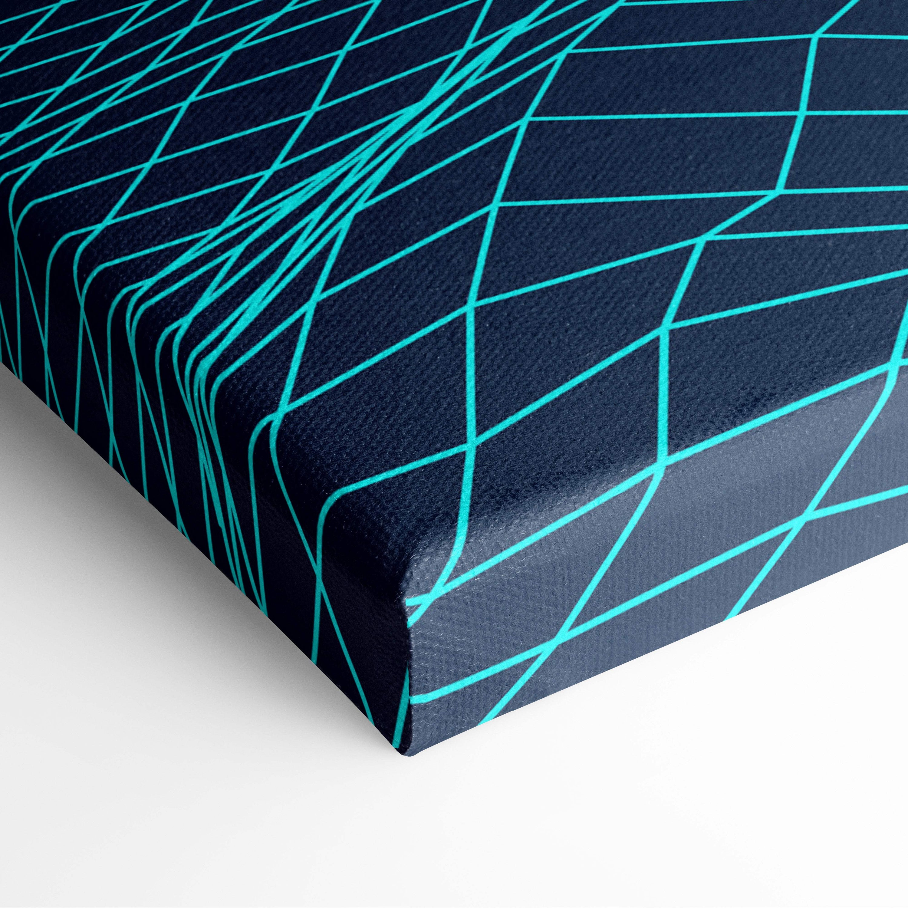 Vaporwave wireframe mountain canvas art print with bold teal geometric lines on deep navy for retrowave wall decor