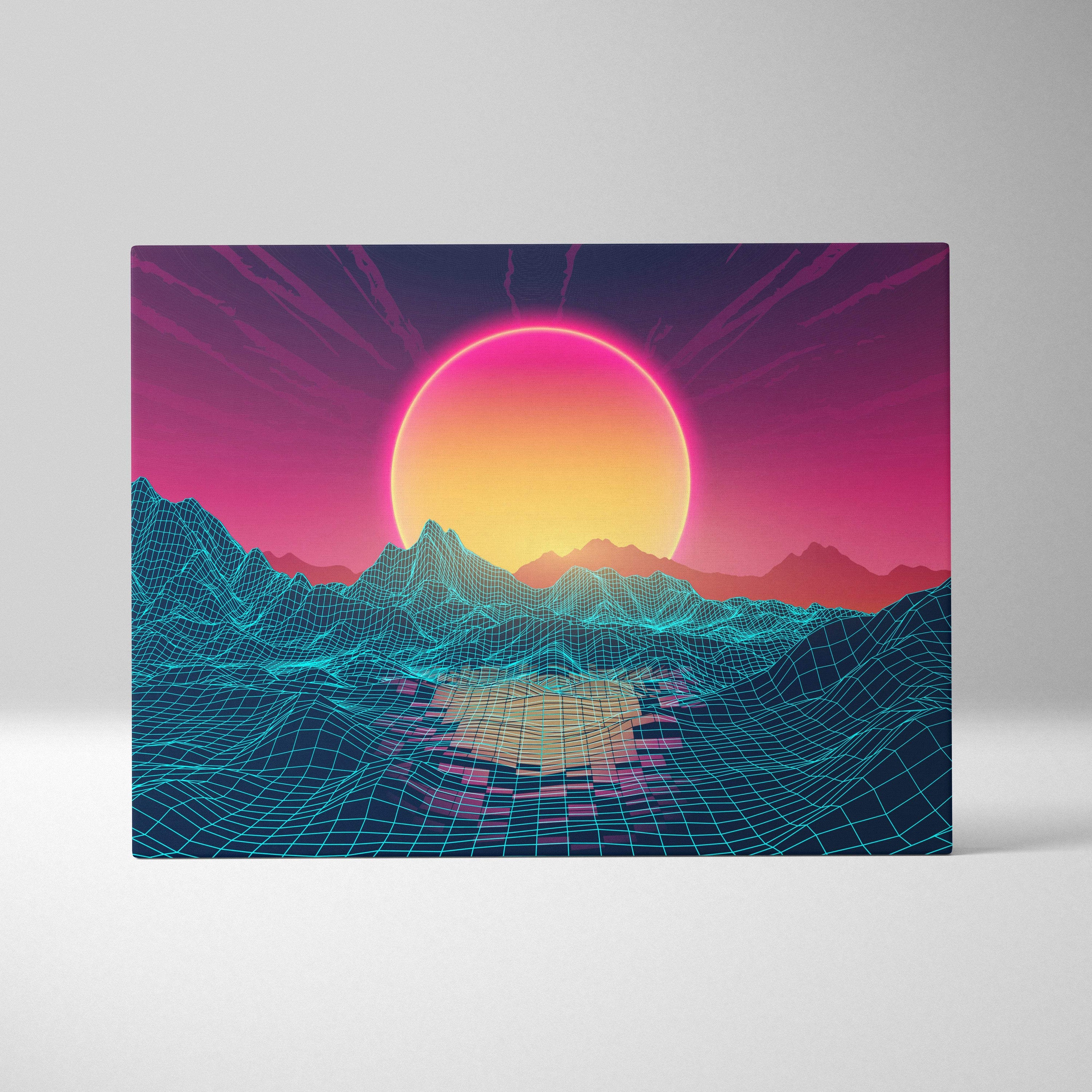 Vaporwave wireframe mountain canvas art print with glowing pink and orange sun over teal wireframe mountains and magenta sky