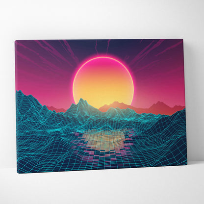 Vaporwave wireframe mountain canvas art print with glowing pink orange sun over teal wireframe mountains and magenta sky