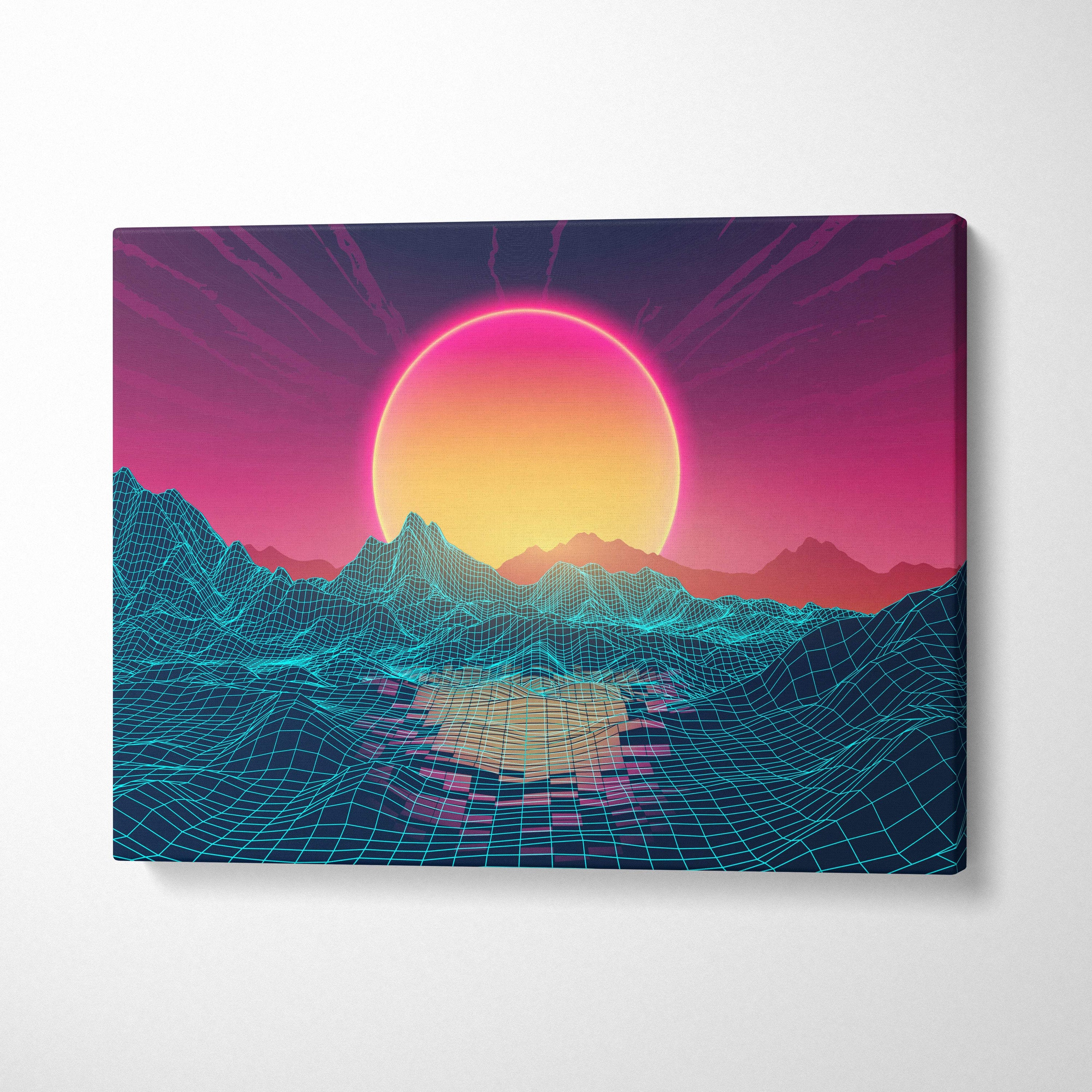 Vaporwave wireframe mountain canvas art print featuring a glowing pink and orange sun over teal wireframe mountains