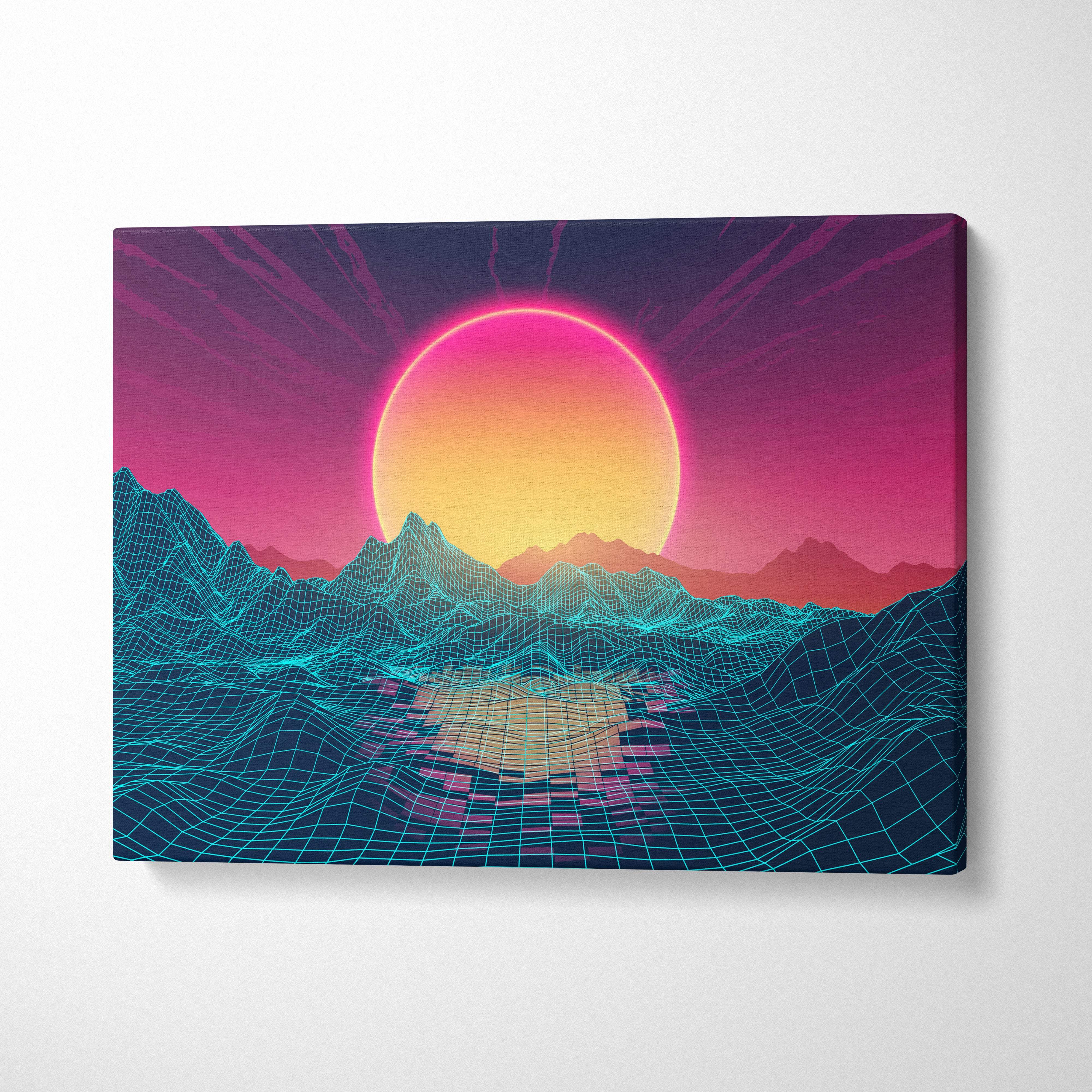Vaporwave wireframe mountain canvas art print featuring a glowing pink and orange sun over teal wireframe mountains