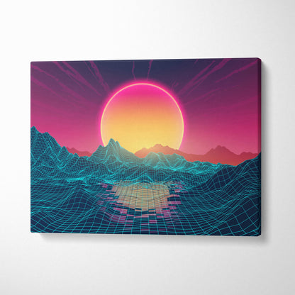 Vaporwave wireframe mountain canvas art print featuring a glowing pink and orange sun over teal wireframe mountains