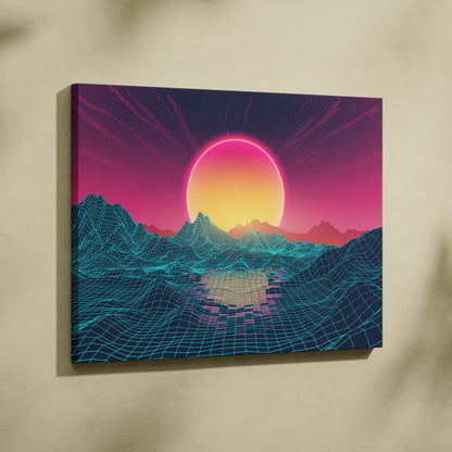 Vaporwave wireframe mountain canvas art print with glowing pink and yellow sun over teal mountains and magenta sky