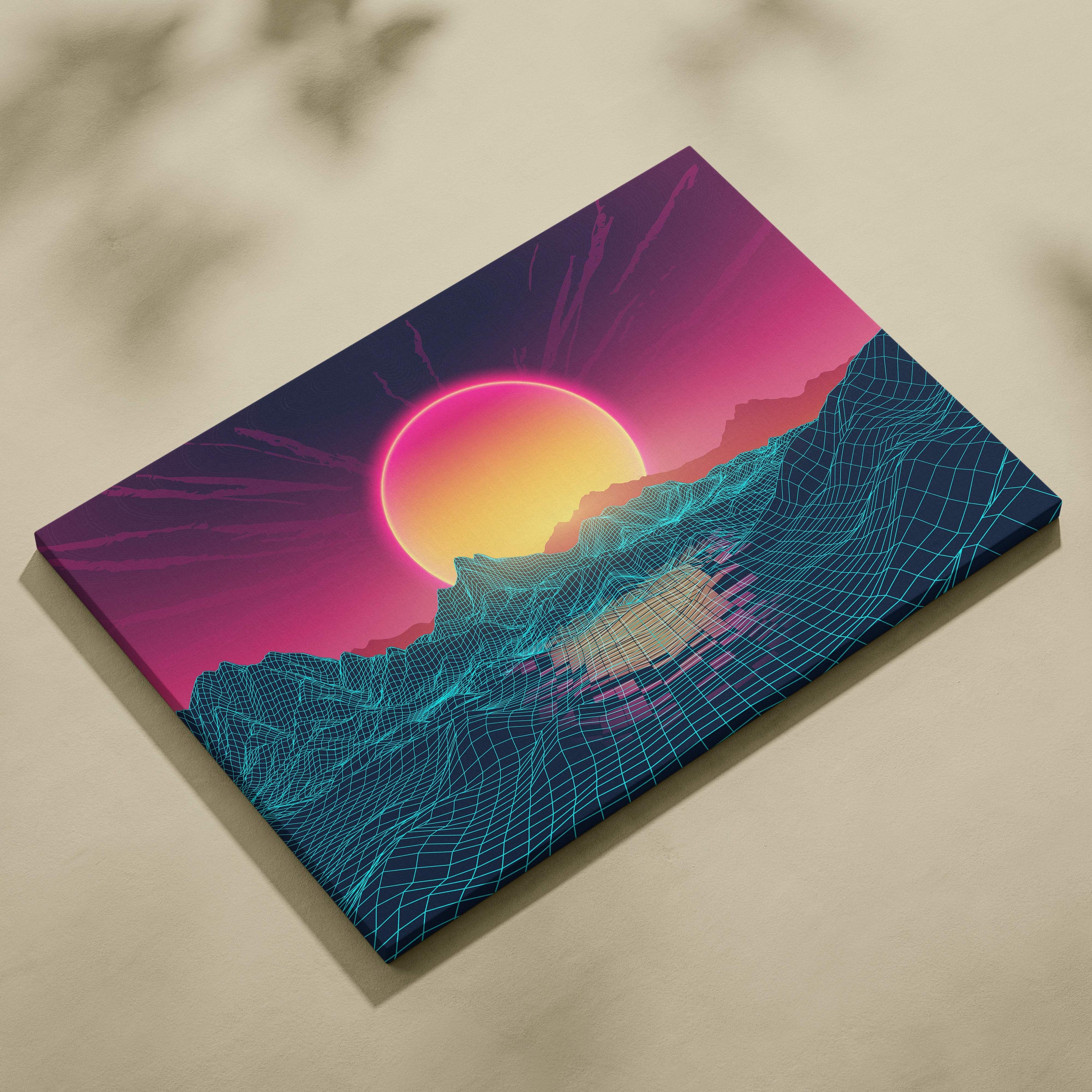 Rectangular canvas print of vaporwave wireframe mountain art with neon pink orange sunset and cyan synthwave landscape