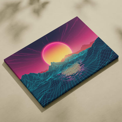 Rectangular canvas print of vaporwave wireframe mountain art with neon pink orange sunset and cyan synthwave landscape