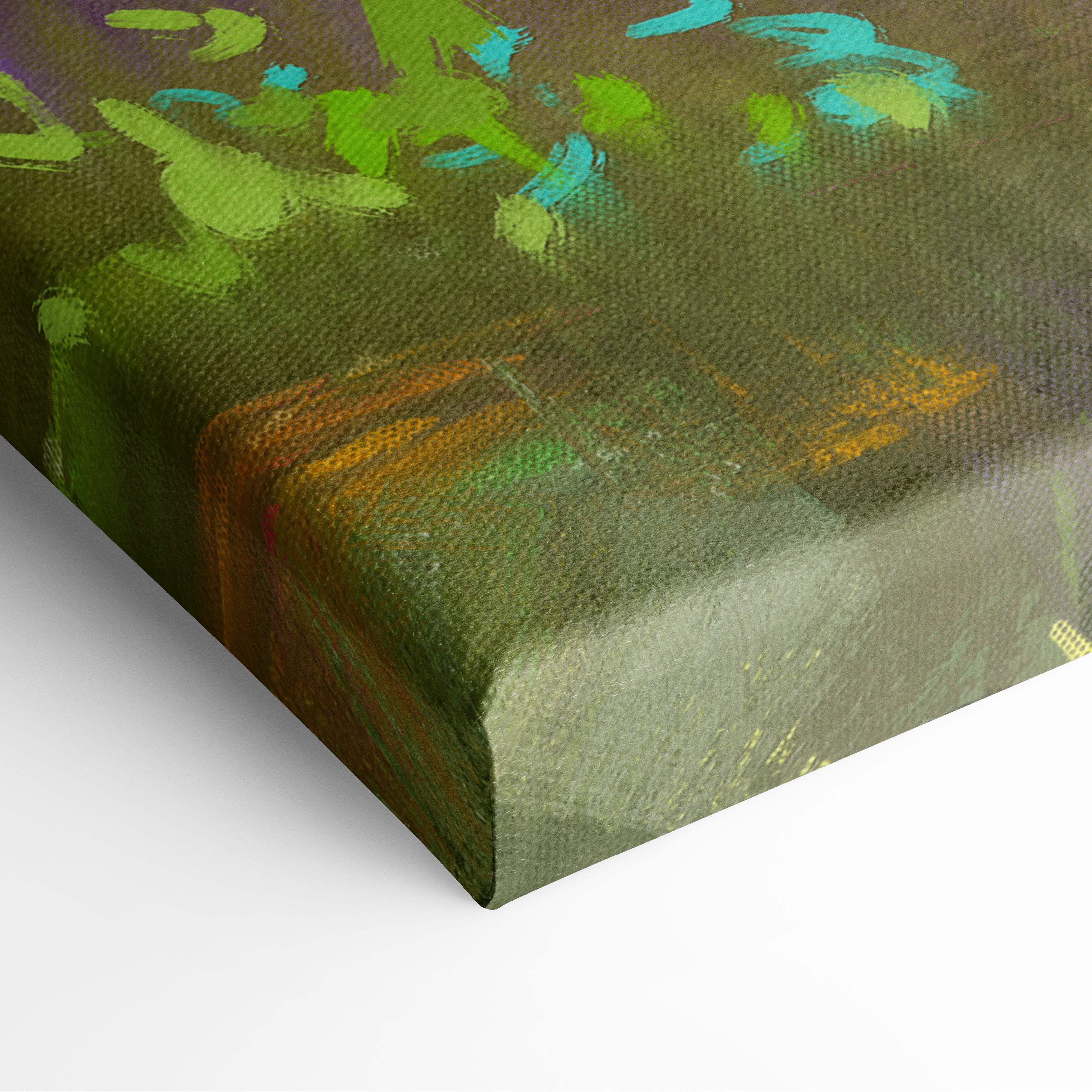A textured canvas painting with abstract green teal and earthy brushstrokes on a dark olive background wall art