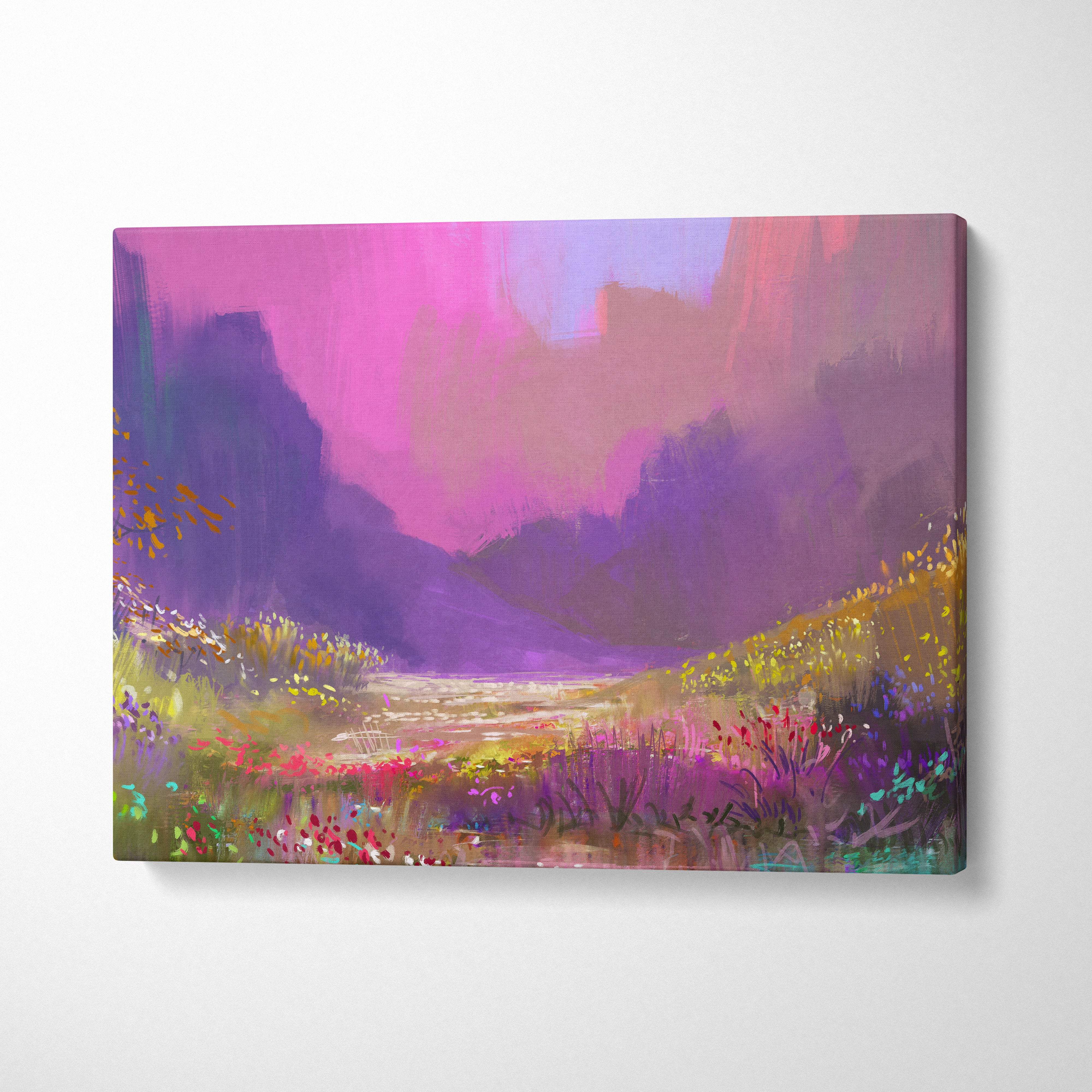 Colorful abstract landscape canvas wall art featuring a vibrant wildflower valley under a pink and purple dreamy sky