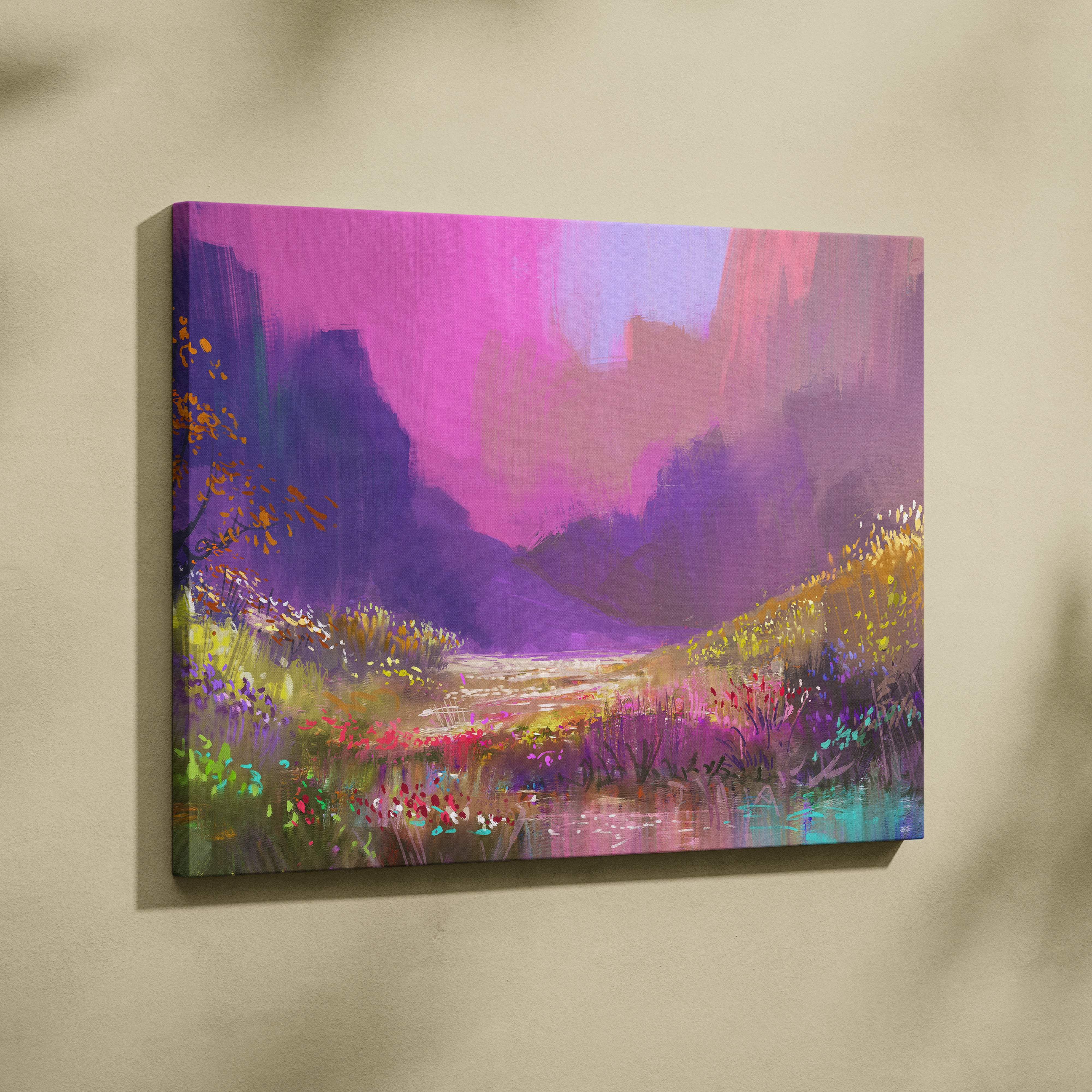 Colorful abstract landscape canvas wall art featuring vibrant pink and purple mountain scene with wildflowers in foreground
