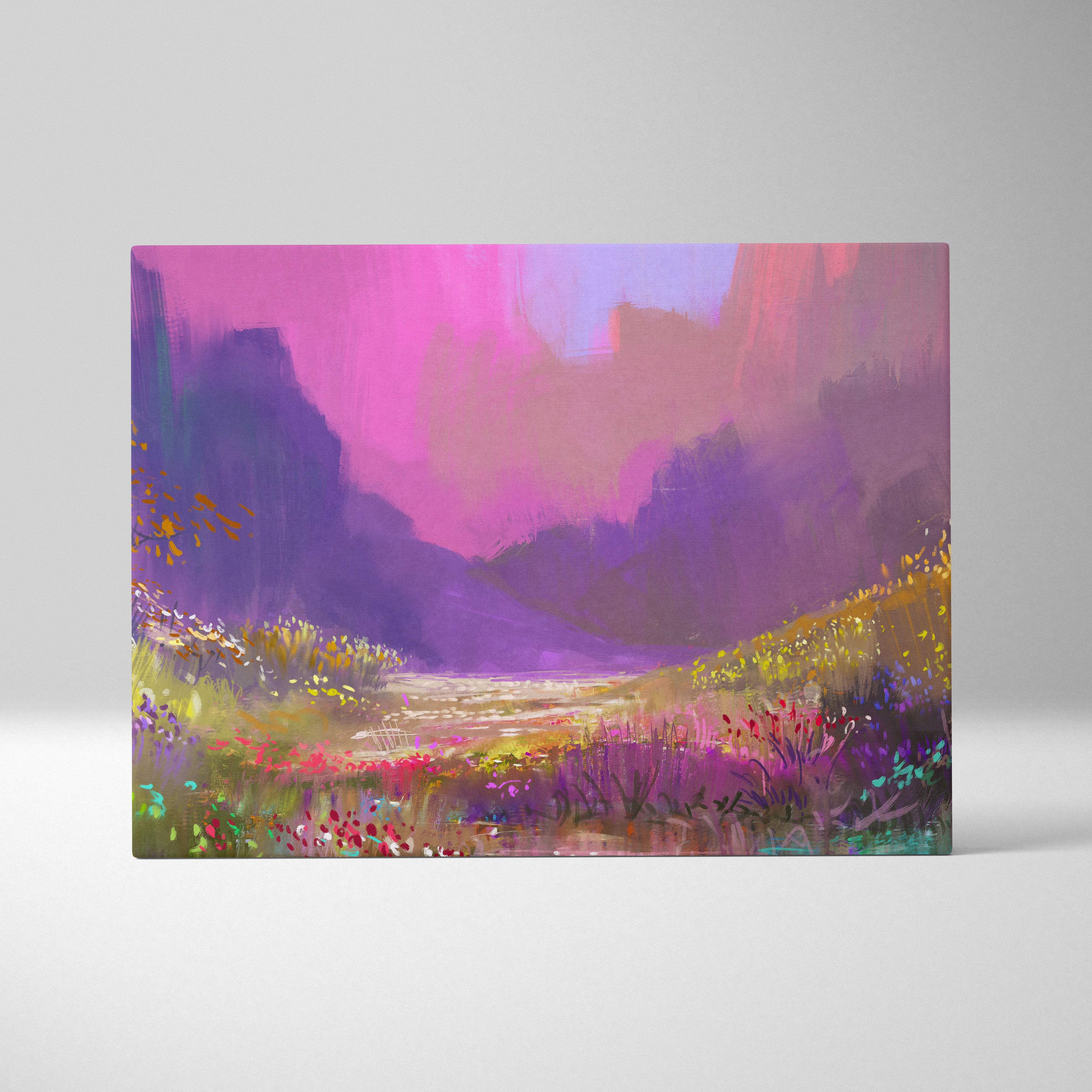 Colorful abstract landscape canvas wall art depicting a dreamy valley with purple and pink skies and golden wildflower fields