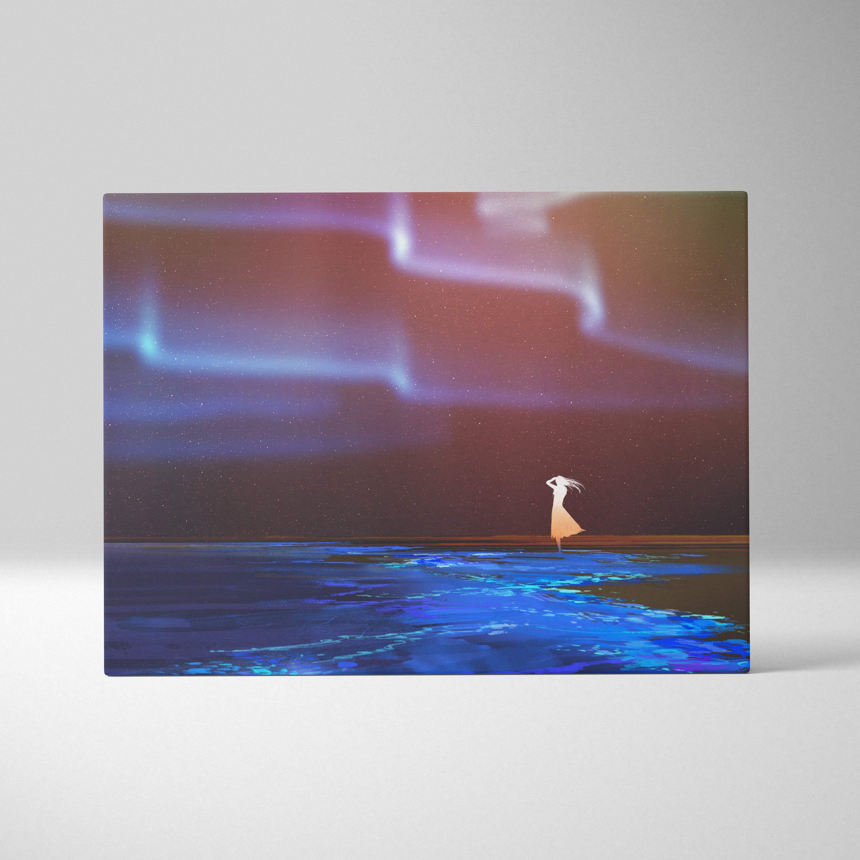 Aurora night sky canvas wall art of a lone figure in an orange dress standing on water under vibrant northern lights