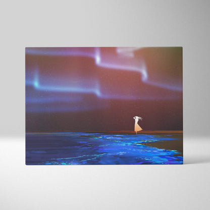 Aurora night sky canvas wall art of a lone figure in an orange dress standing on water under vibrant northern lights