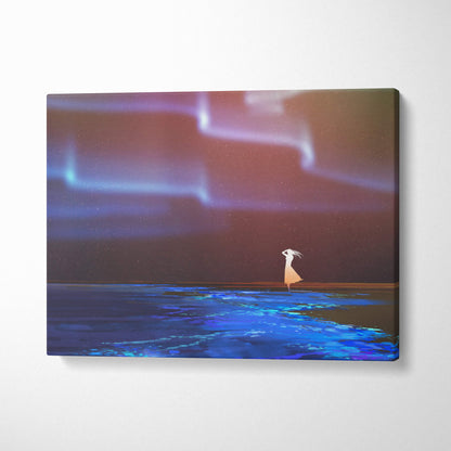 Aurora night sky canvas wall art featuring a female silhouette in white dress under vibrant purple and blue northern lights