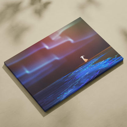 Aurora night sky canvas wall art featuring a white female silhouette under purple and blue northern lights