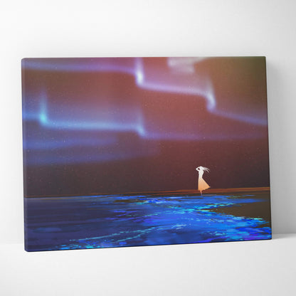 Aurora night sky canvas wall art featuring a lone figure in an orange dress under vibrant blue and purple northern lights