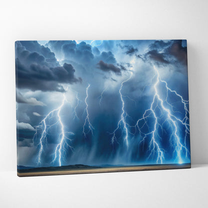 Canvas print of a multiple lightning storm with electric blue thunderbolts and dark dramatic sky wall decor