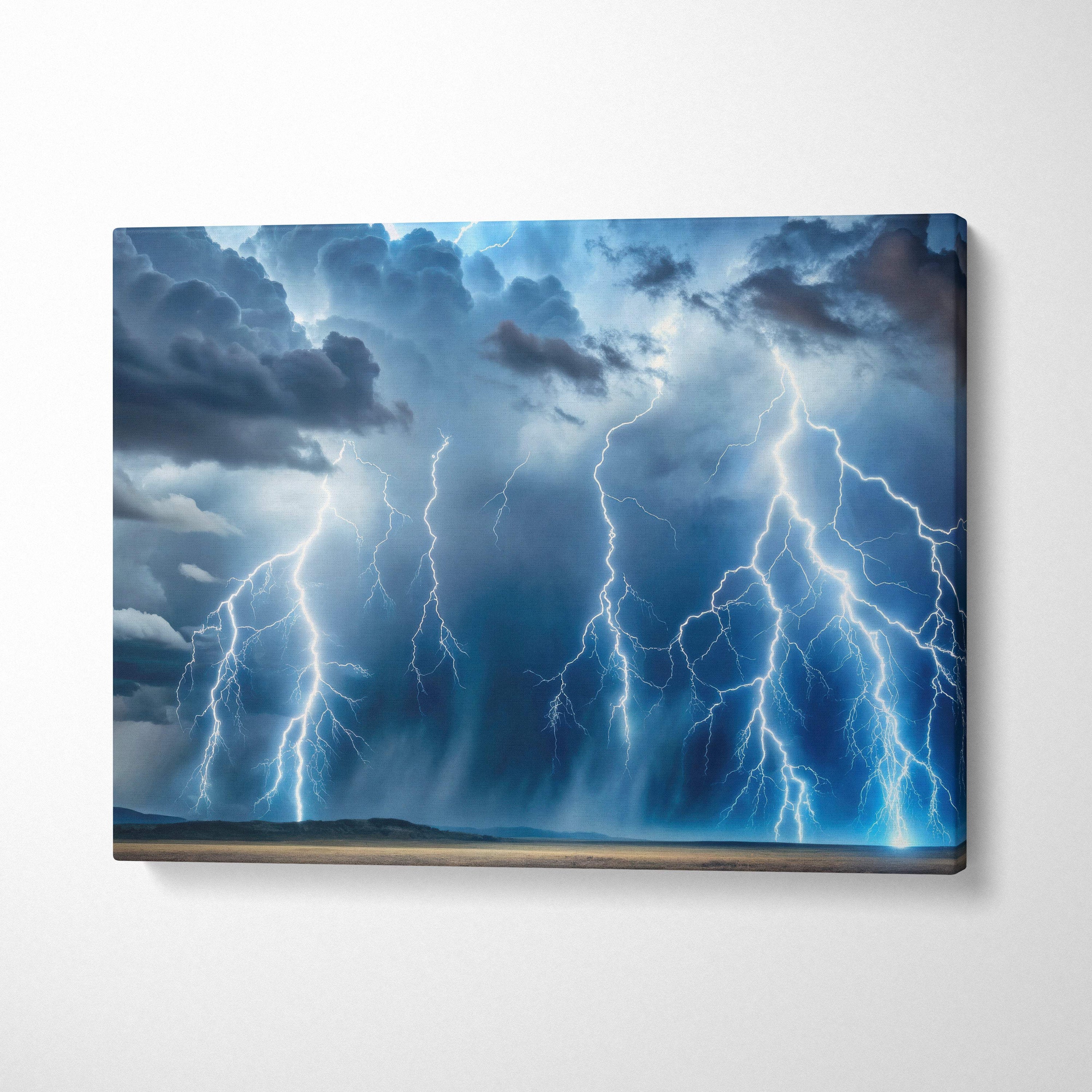 Canvas print of electric blue lightning striking dark swirling clouds in a cinematic wide landscape wall decor
