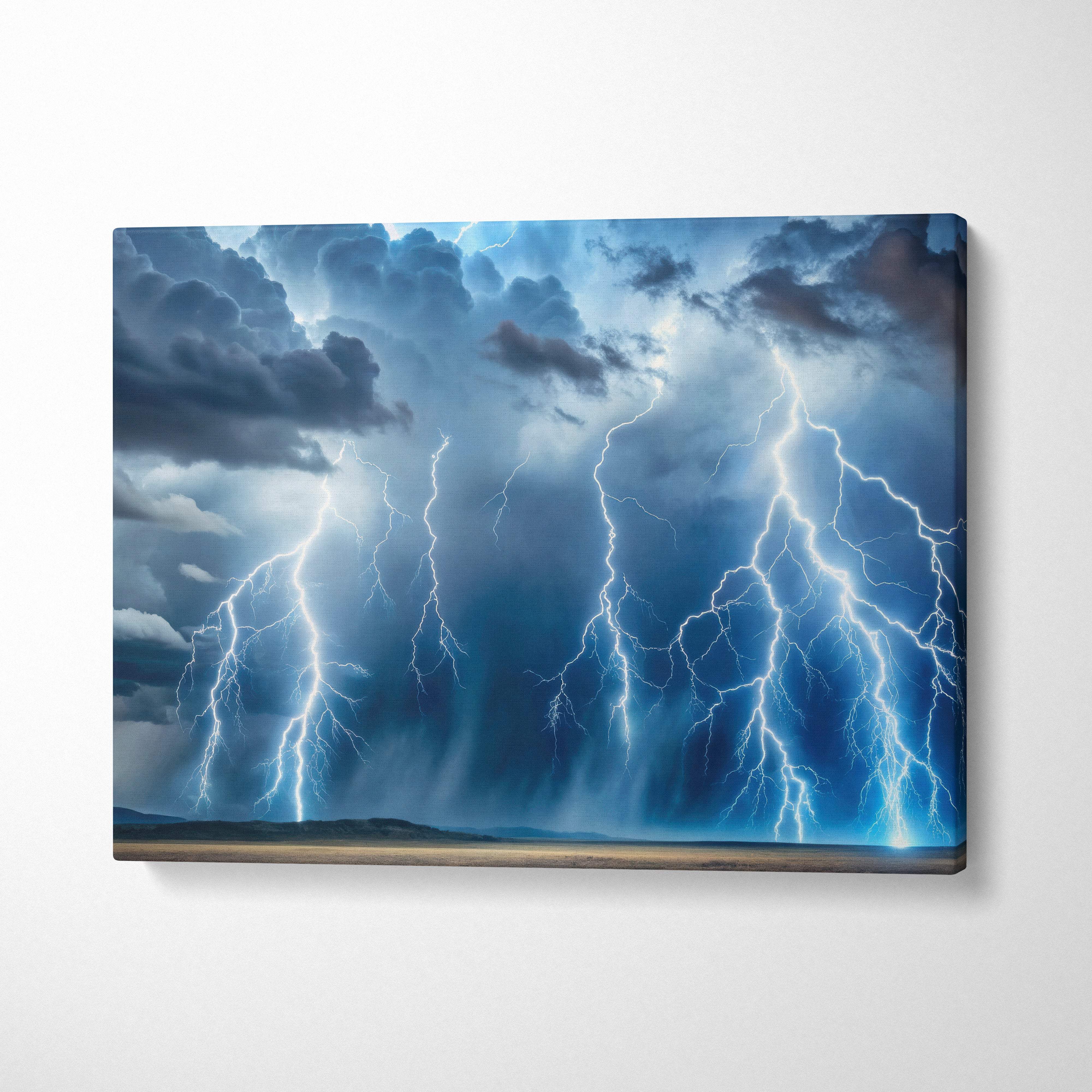 Canvas print of electric blue lightning striking dark swirling clouds in a cinematic wide landscape wall decor
